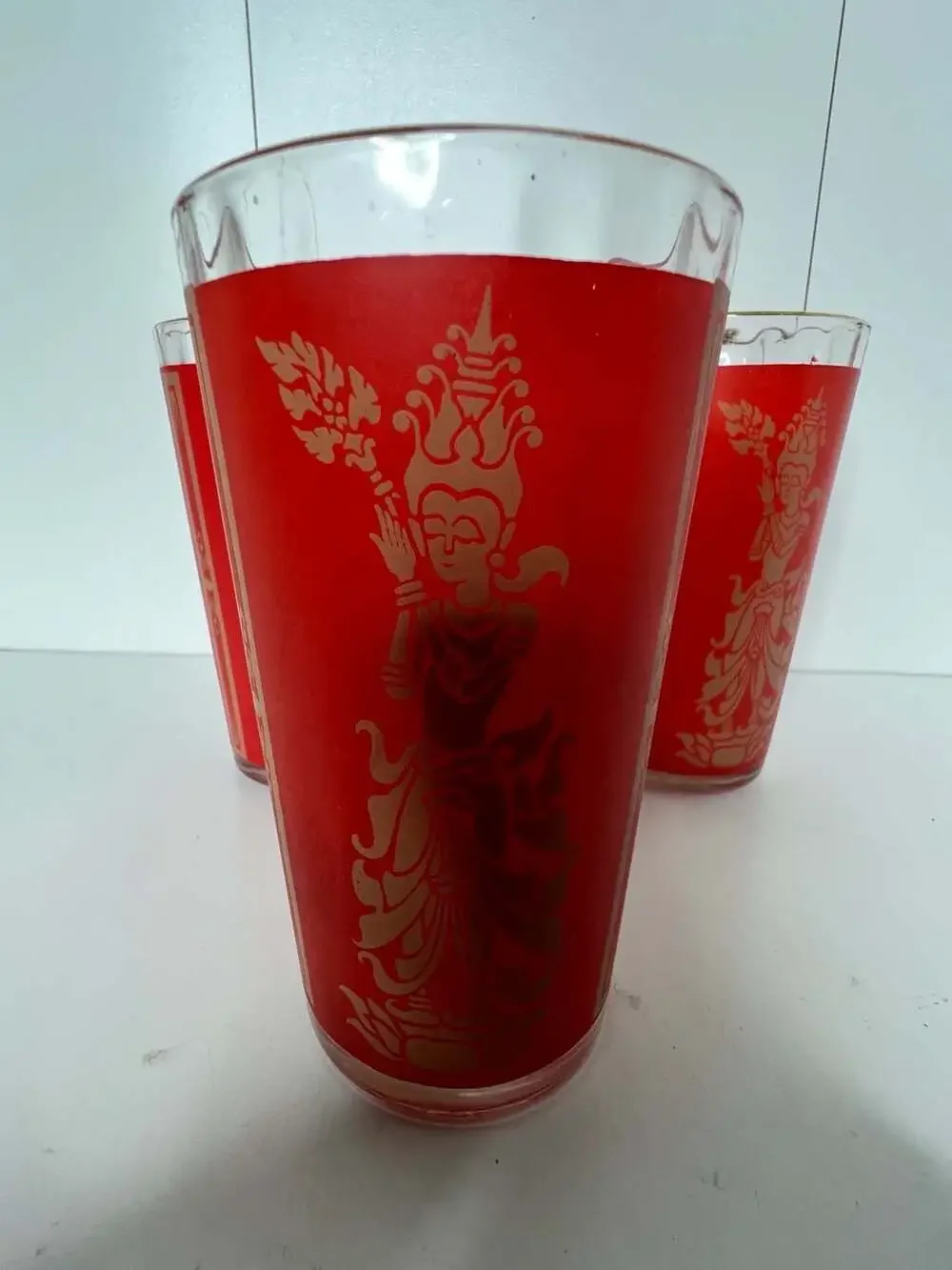 Set of 3 Vintage Mid Century Thai Goddess Lakshmi 14 Oz. Glasses